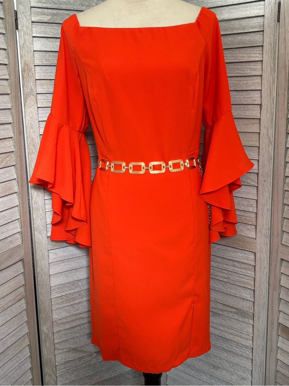 VENUS Off-Shoulder Tiered Bell Sleeve Midi Dress & NEW NWOTGold Chain Belt SZ 14